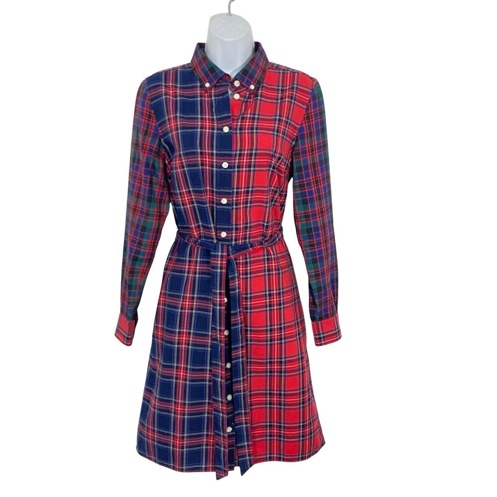 Brooks Brothers Stewart Plaid  6 SMALL Shirt Dress L/S Tie Belt Christmas Cotton